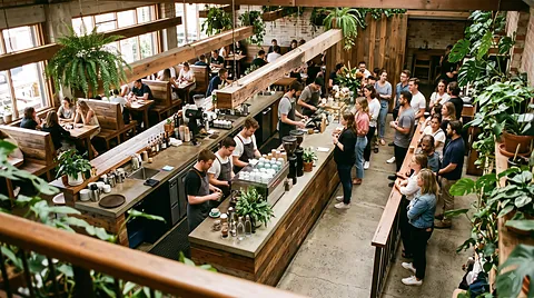 Baristas working in busy cafe