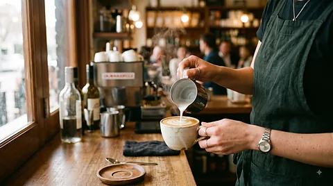 Barista pouring milk into espresso