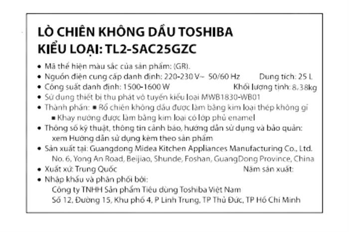 Lò chiên không dầu Toshiba 25 lít TL2-SAC25GZC(GR) — ảnh 7