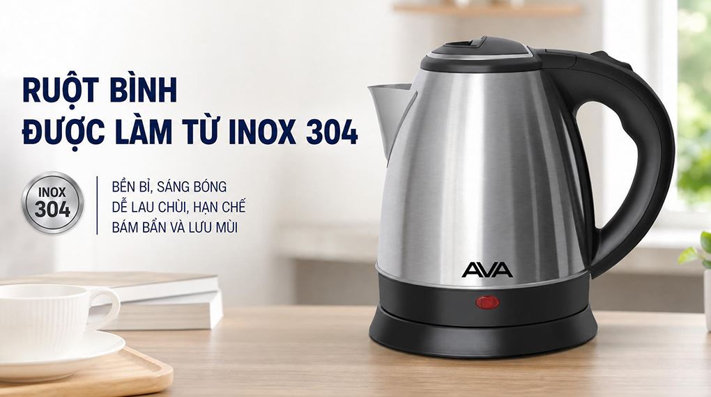 Bình đun siêu tốc AVA 1.5 lít KS01 - Ruột bình làm từ inox 304