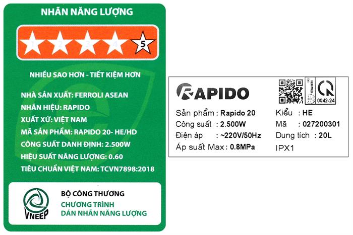 Máy nước nóng gián tiếp Rapido 20 lít HE 20L — ảnh 9