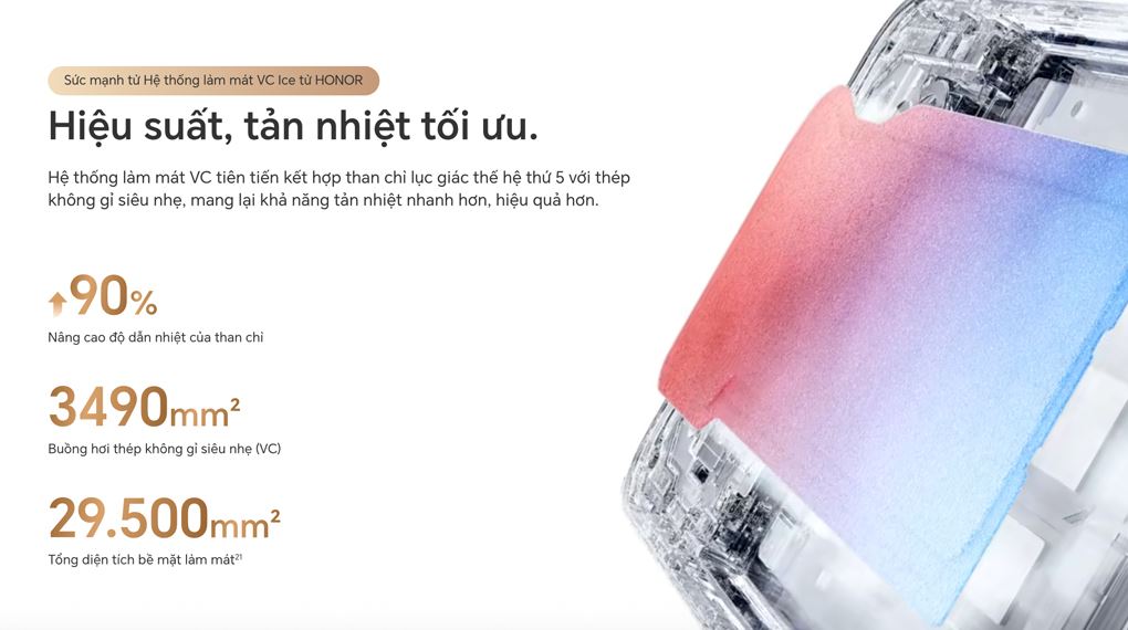 HONOR X9d 12GB/256GB tản nhiệt hiệu quả nhờ công nghệ VC tiên tiến, duy trì hiệu suất ổn định cho mọi nhu cầu giải trí