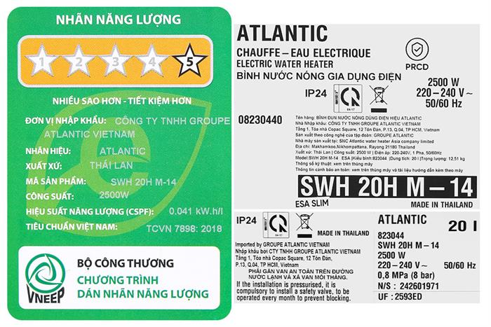Máy nước nóng gián tiếp Atlantic 20 lít ESA SLIM 823044 SWH 20H M-14 — ảnh 9