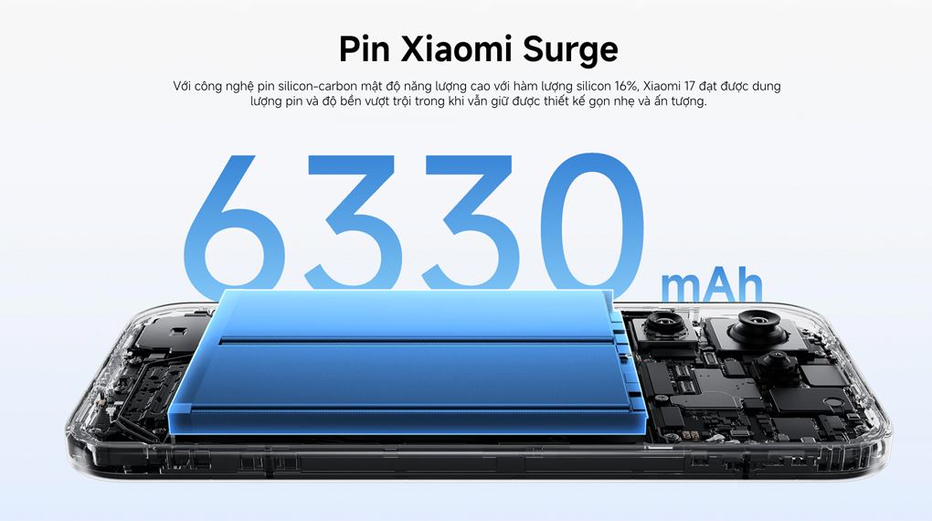 Xiaomi 17 tích hợp pin silicon-carbon 6330mAh cho thời lượng sử dụng vượt trội