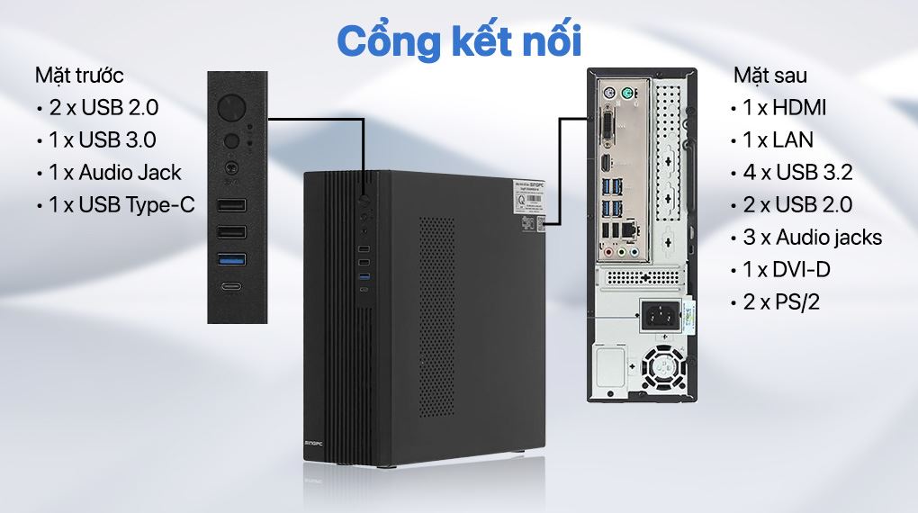 SingPC R33B482SF-W R3 3200G với các cổng USB 3.2, USB 2.0, USB Type-C, HDMI,... kết nối được với nhiều thiết bị