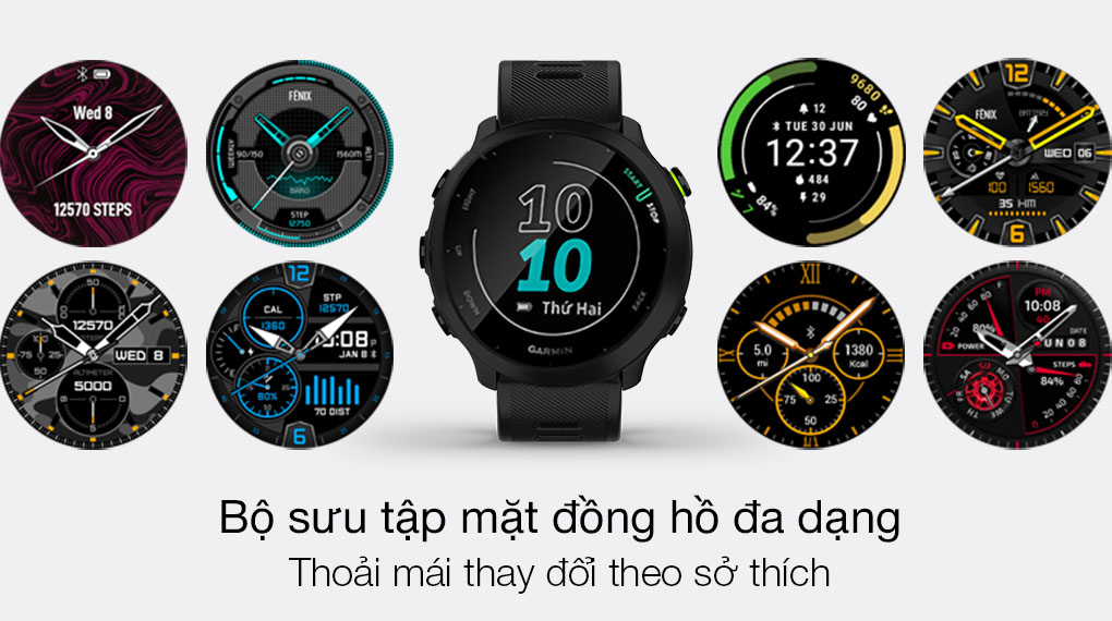 Đồng hồ thông minh Garmin Forerunner 55 dây silicone đen có bộ sưu tập mặt đồng đa dạng