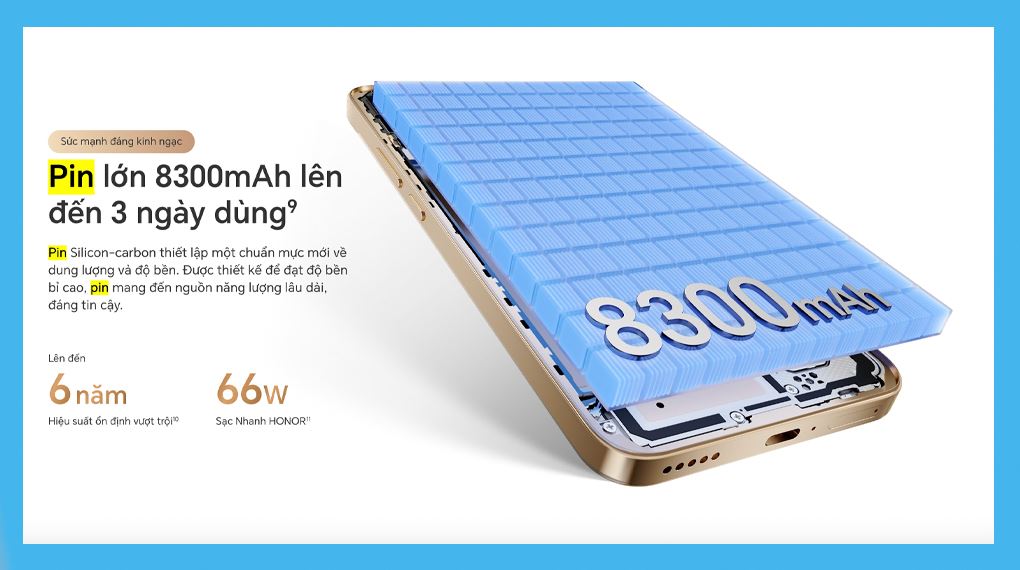 HONOR X9d 12GB/256GB sở hữu pin 8300 mAh cực khủng, cho phép sử dụng đến 3 ngày mà không cần mang theo sạc dự phòng