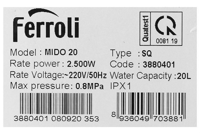 Máy nước nóng gián tiếp Ferroli 20 lít MIDO SQ — ảnh 10