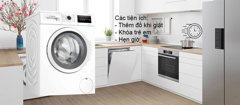 Các tiện ích: Thêm đồ khi giặt, Khóa trẻ em, Hẹn giờ