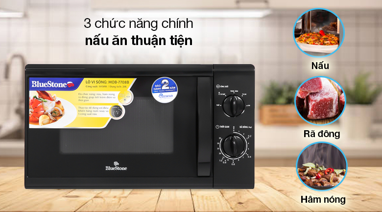 Lò vi sóng Bluestone MOB-7708B 20 lít - Có chức năng chính là nấu, rã đông, hâm nóng