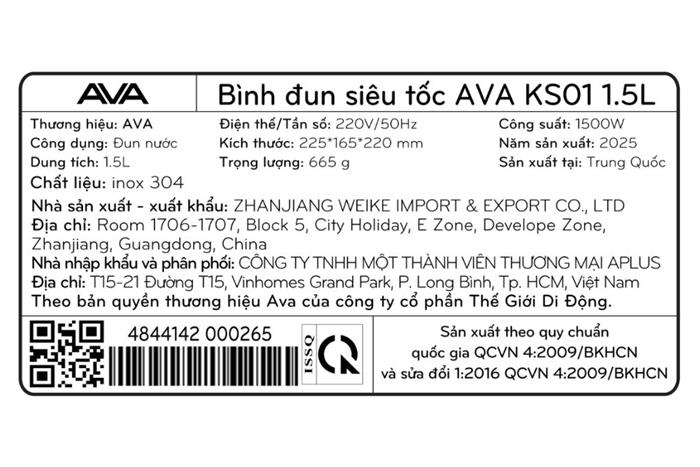 Bình đun siêu tốc AVA 1.5 lít KS01 Mẫu — ảnh 10