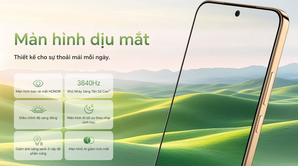 HONOR X9d 12GB/256GB tích hợp khử nháy 3840 Hz giúp bảo vệ mắt tốt hơn khi bạn đọc báo hay dùng máy liên tục vào ban đêm
