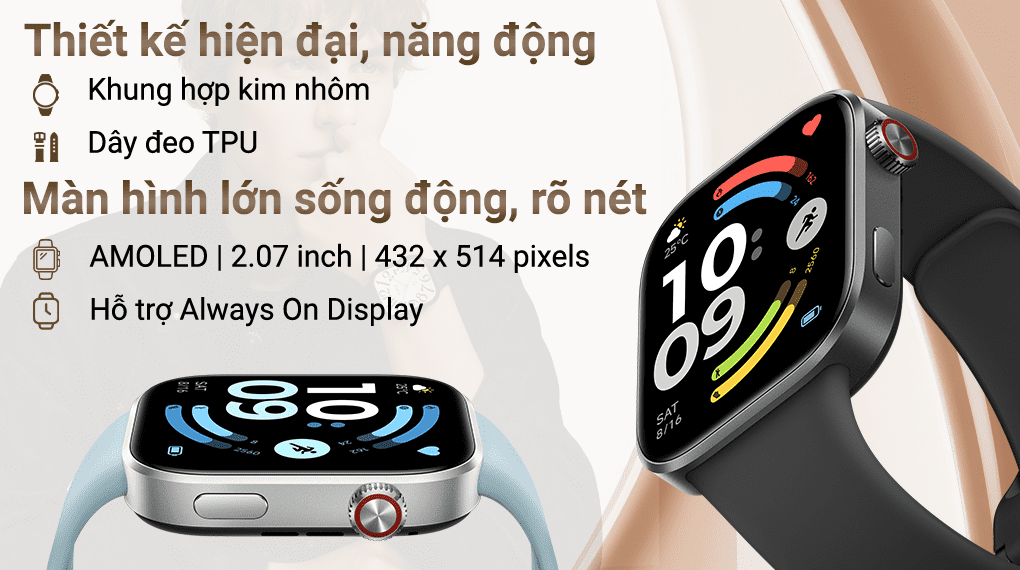Màn hình AMOLED 2.07 inch trên Xiaomi Redmi Watch 6 hiển thị sắc nét, độ sáng 2000 nits