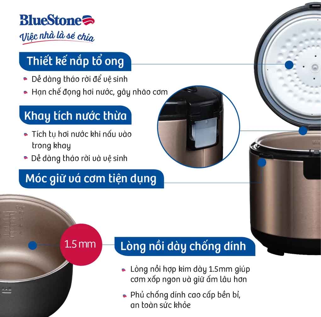 Lòng nồi cơm điện Bluestone RCB-5519 1.8 lít có phủ chống dính 