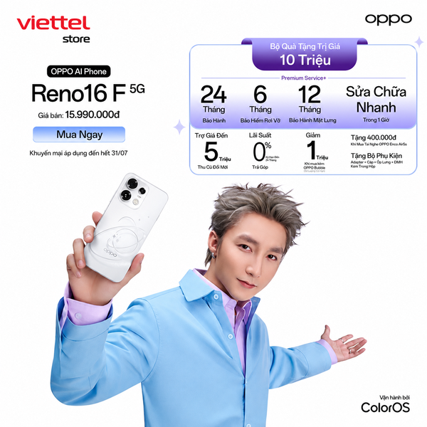 Ưu đãi mua OPPO Reno16 F 5G tại Viettel Store.