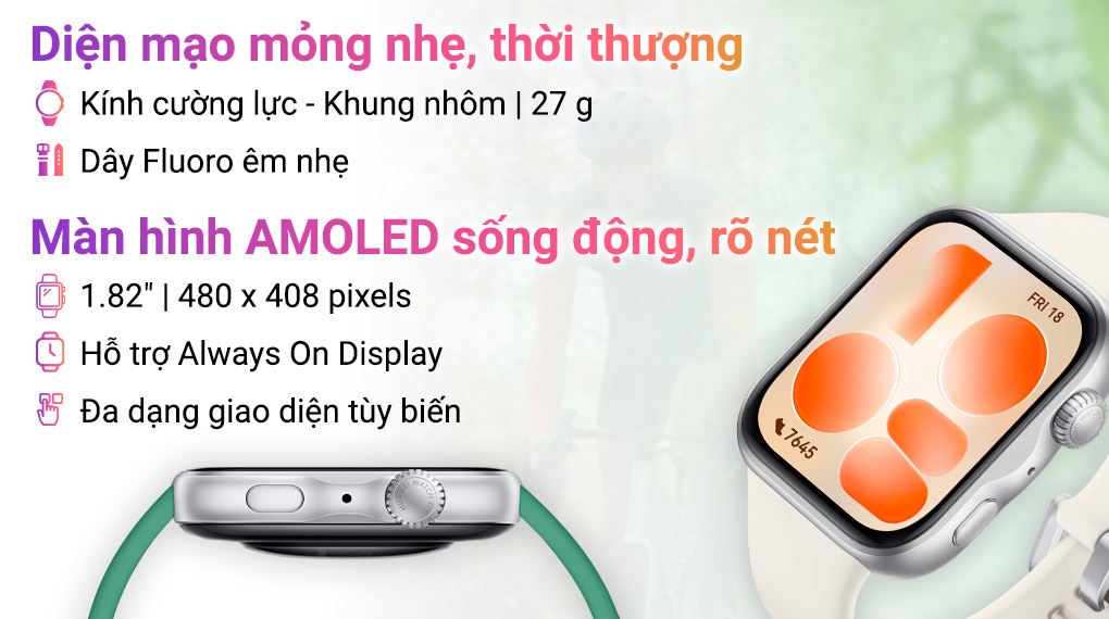 Màn hình AMOLED 1.82 inch trên Huawei Watch Fit 5 dây Fluoro hiển thị sắc nét với màu sắc sống động và chi tiết rõ ràng
