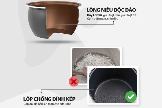 Lòng niêu dày 1.6mm, cơm dẻo không dính