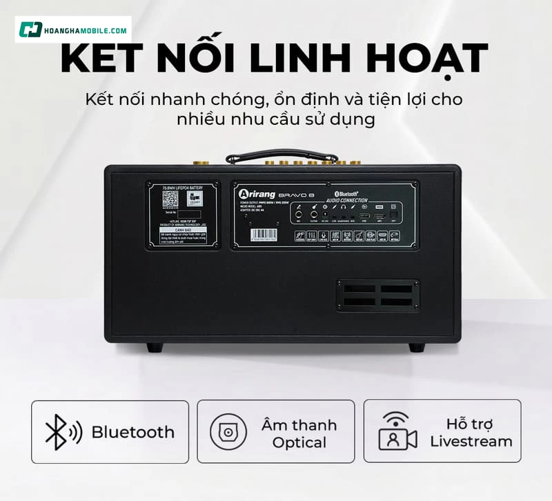 Loa Arirang BRAVO 8 hỗ trợ đa dạng cổng kết nối giúp người dùng linh hoạt hơn trong quá trình sử dụng
