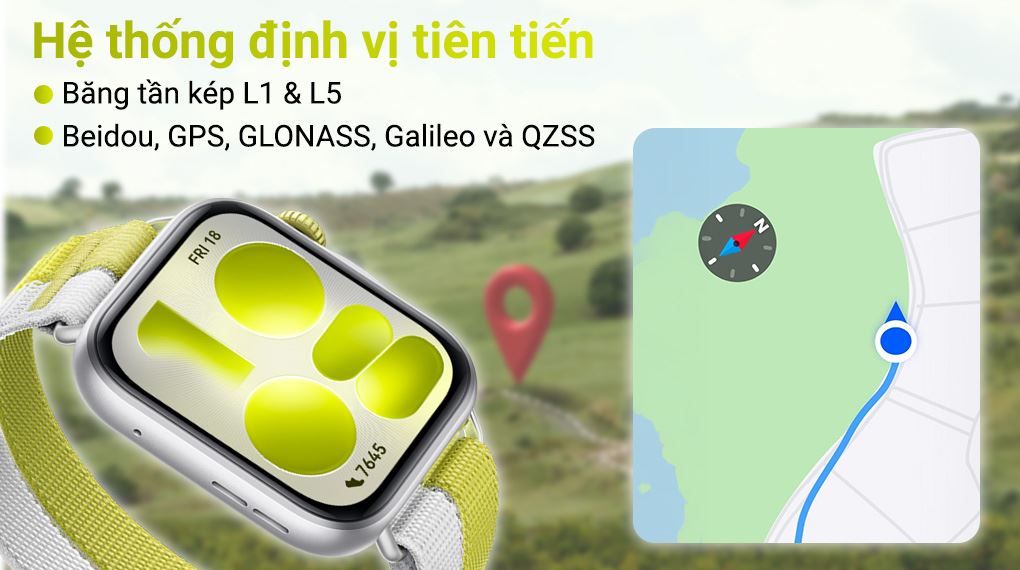 Hệ thống GPS băng tần kép trên Huawei Watch Fit 5 dây nylon hỗ trợ định vị ngoài trời chính xác và ổn định hơn