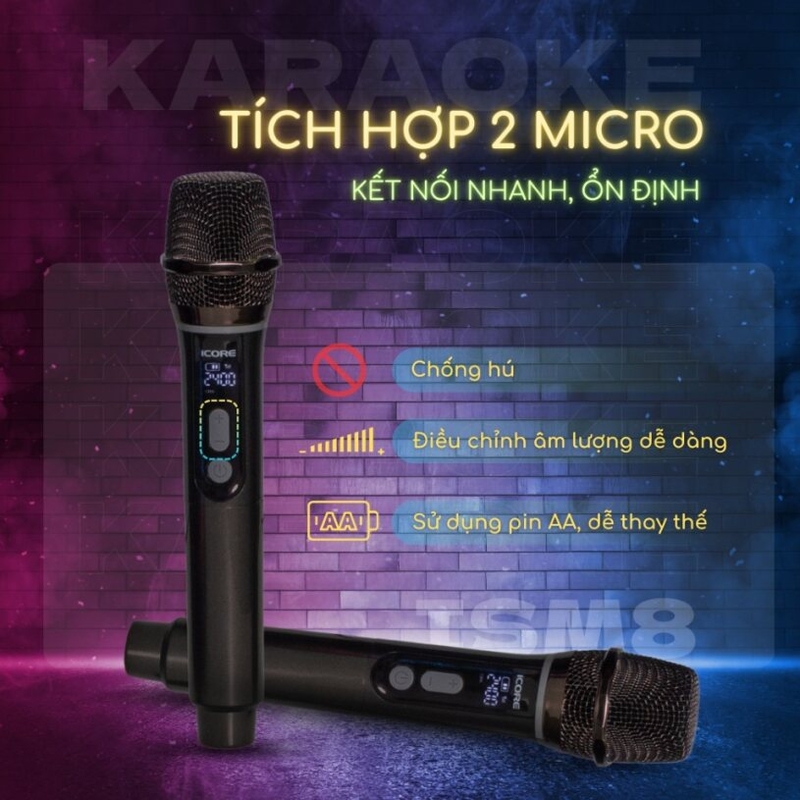 Loa karaoke xách tay iCore ISM8 - Tích hợp 2 micro, kết nối nhanh và ổn định