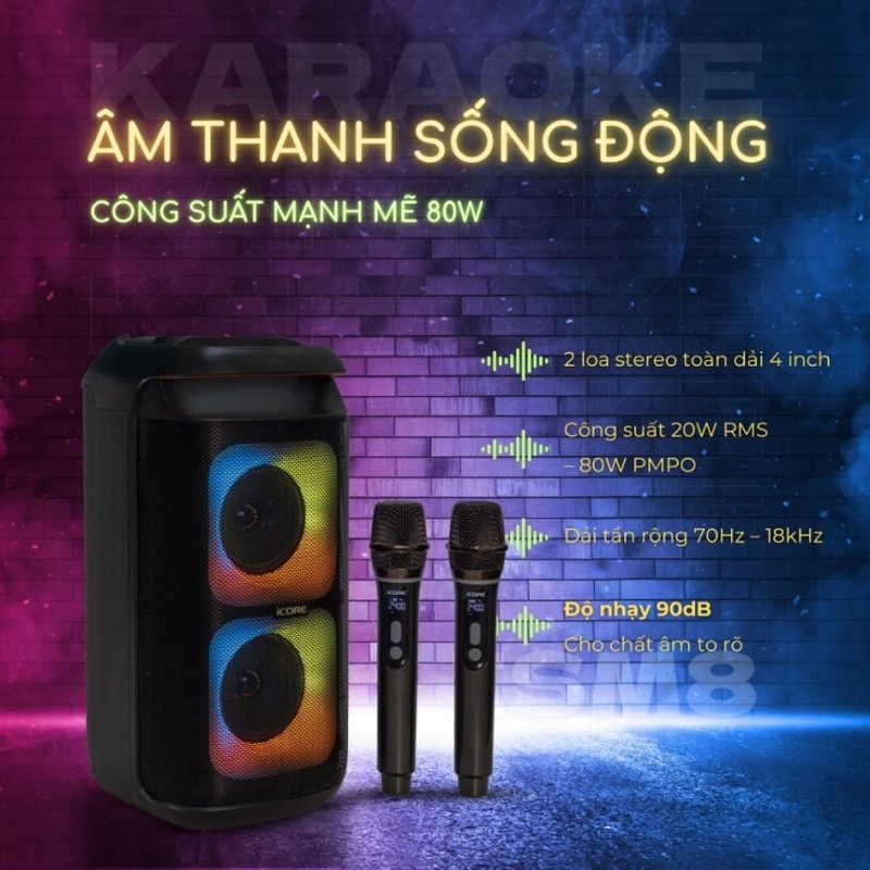 Loa karaoke xách tay iCore ISM8 - Công suất 80 W, âm thanh mạnh mẽ