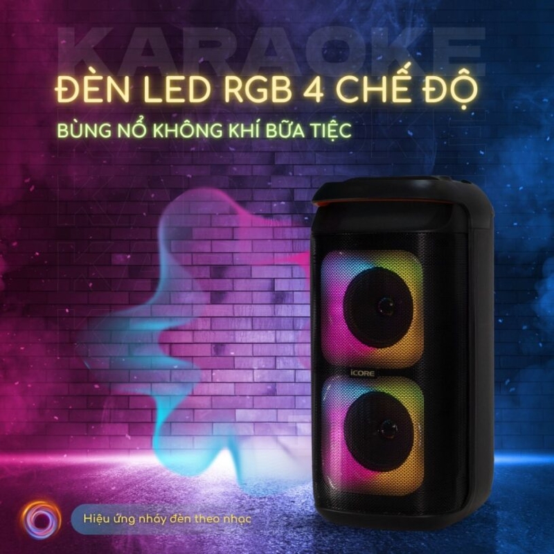 Loa karaoke xách tay iCore ISM8 - Đèn LED RGB 4 chế độ làm bùng nổ bữa tiệc