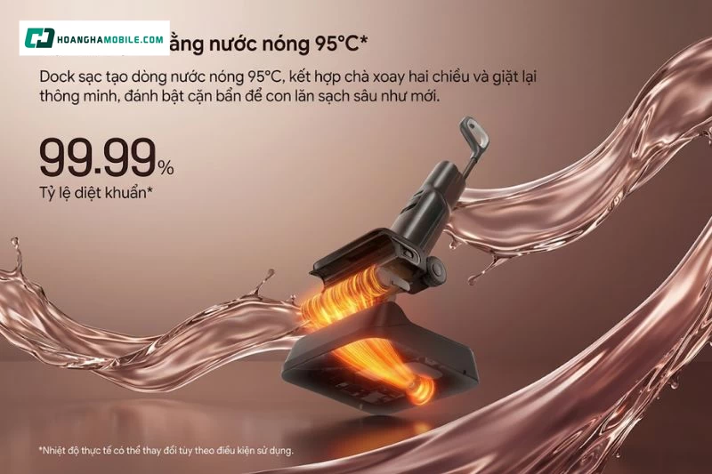 Dock tự giặt con lăn bằng nước nóng 95°C giúp làm sạch bụi bẩn, cặn bám và chất bẩn còn lại trên con lăn sau khi dọn nhà.