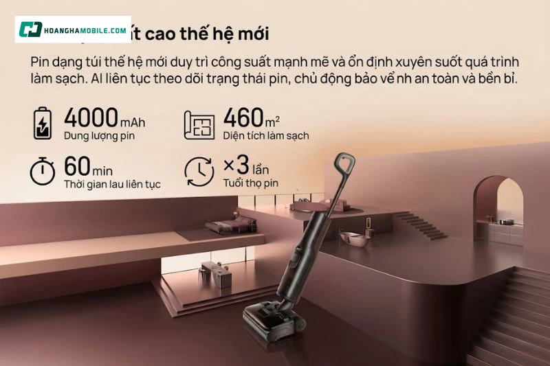 Pin 4.000mAh cho thời gian hoạt động lên đến 60 phút ở chế độ Eco