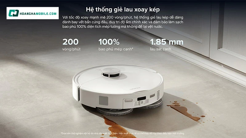 Roborock QRevo 2 Pro sử dụng hệ thống giẻ lau xoay kép với tốc độ 200 vòng/phút.