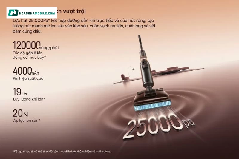 Lực hút HyperForce 25.000Pa giúp Roborock F25 Pro Turbo xử lý nhiều loại chất bẩn thường gặp trong nhà